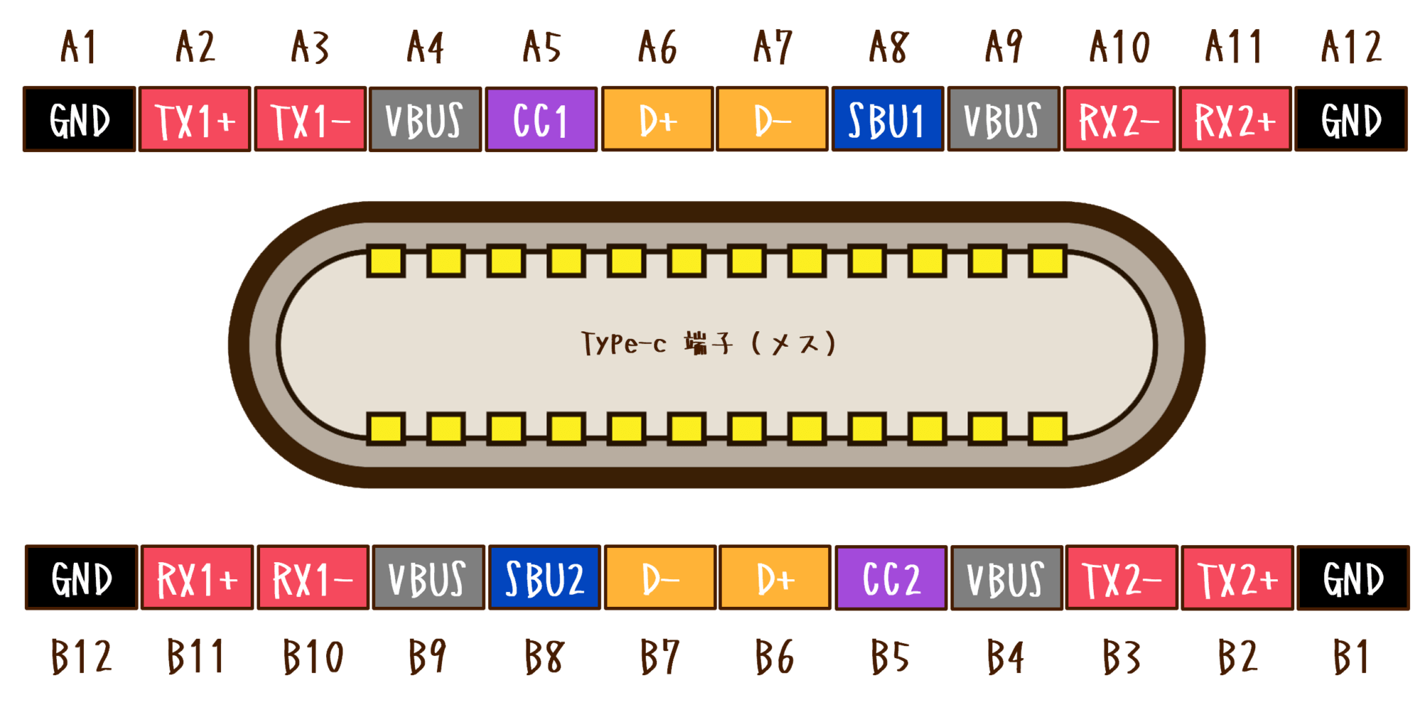 USB Type-Cコネクタ（メス）のピン配列